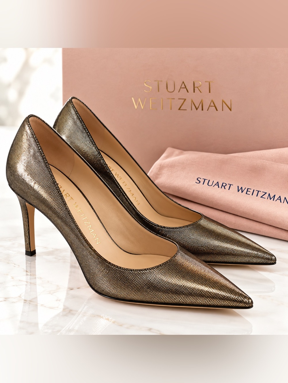 Stuart Weitzman Metallic Bronze / Pewter with Gold Shimmer pointed-toe pumps 7.5